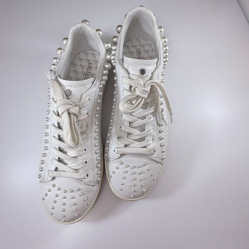 Stuart Weitzman White Leather Pearl & Stud Embellished Sneakers